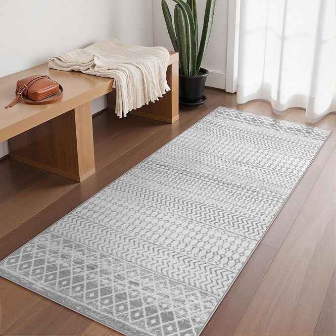 Moroccan Washable Runner Rug, 2x5 Ultra Soft Non-Slip Hallway Rug, Low Pile Distressed Gray Bathroom Rugs Carpet Runner for Entryway Kitchen Bedroom Laundry Room