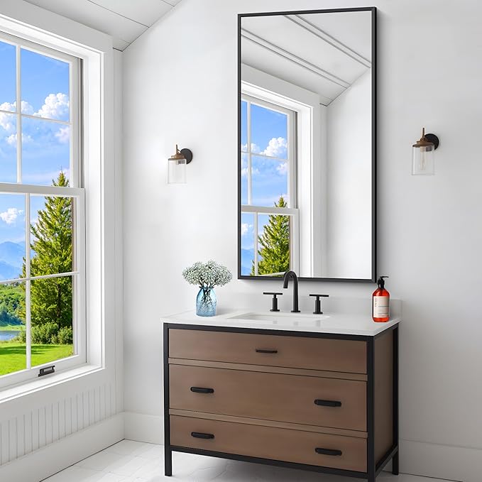 BONEWEI Bathroom Mirror,24x48 inch Wall Mirror for Bathroom Wall Mounted Black Rectangle Square Corner Mirrors, Black Bathroom Mirror for Living Room, Farmhouse, Bedroom Entryway, Horizontal/Vertical