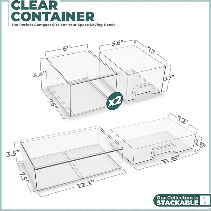 Sorbus Acrylic Storage Containers - 3 Pack, Stackable Storage Bins Set for Bathroom Organization - Clear Acrylic Drawer Organizers - Makeup Case Pull-Out Drawers (4.4’’ Tall and 12.1’’ Wide)