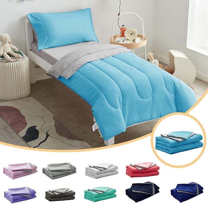 UOZZI BEDDING 4 Pieces Toddler Bedding Set Ultra Soft and Breathable Toddler Sheet Set - Includes Comforter, Flat Sheet, Fitted Sheet and Pillowcase - Blue & Gray