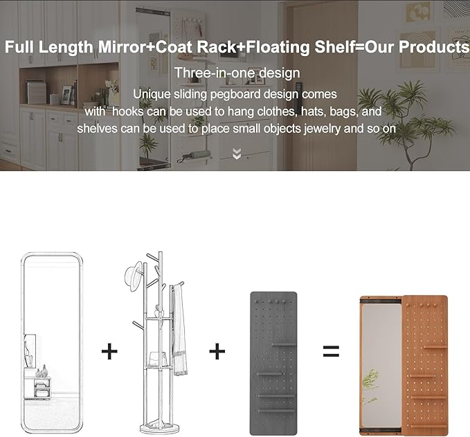 KungFuWood Full Length Mirror with Shelf and Hooks,Entry Way Mirrors for Wall,Wall Mirror with Shelf,Wall Mirror with Storage Multifunctional Design Panel,Living Room