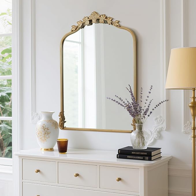 WallBeyond Gold Antique Mirror for Vanity 24x32 Inch, Gold Vintage Mirror with Ornate Frame, Arched Vintage Wall for Bathroom, Living Room, Fireplace