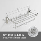 BESy 24 Inch Brushed Nickel Towel Racks, Bathroom Towel Shelf with Foldable Towel Bar Holder and Towel Hooks, Wall Mounted Multifunctional Bathroom Accessories, Double Towel Bars