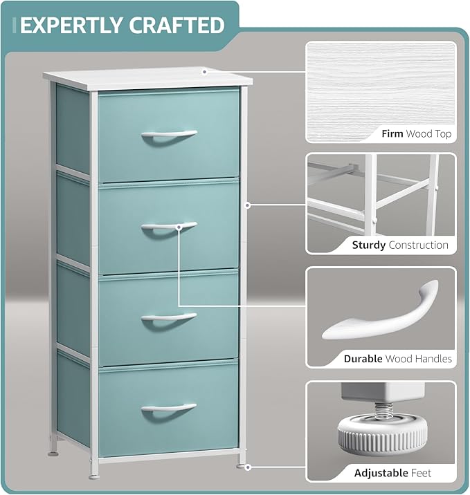 Sorbus Dresser Storage Tower, Organizer Drawers for Closet Boys & Girls Bedroom, Bedside Furniture, Chest for Home, College Dorm, Steel Frame, Wood Top, Fabric Bins(Aqua)