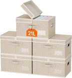 Lifewit Clothes Storage Bins with Lids, Fabric Foldable Storage Boxes with Handles, Decorative Closet Organizer, Stackable Cube Baskets Container for Bedroom, Office, 21L Medium Beige, 5 Packs