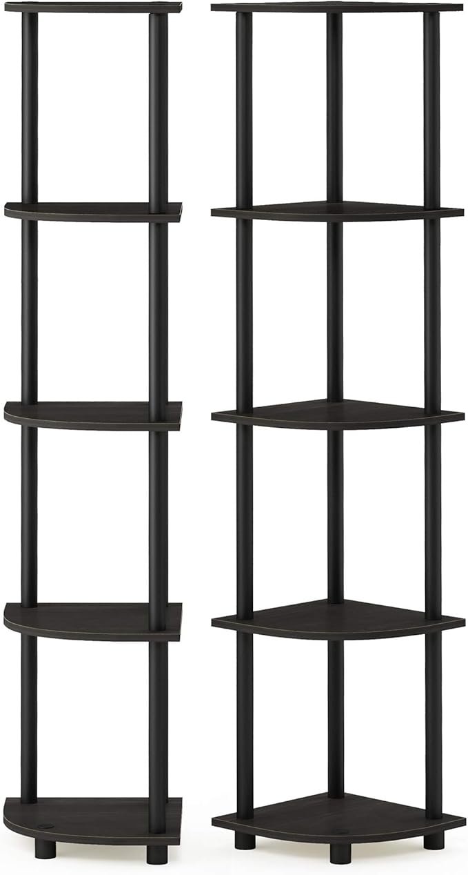 Furinno TURN-N-TUBE Corner Shelf Set of 2, 5-Tier Corner Bookshelf, Open Storage Shelves, for Organization and Storage, Living Room, Home Office, Garage, Espresso