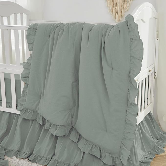 Brandream Boho Bohemian Girl Baby Nursery Crib Bed Skirt Dust Ruffle - Neutral Solid Color Sage Green Farmhouse Chic 100% Washed Cotton Ruffle