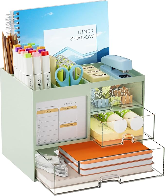 Marbrasse Desk Organizer with 3 Drawer, Multi-Functional Pencil Pen Holder for Desk, Desk Organizers and Accessories with 4 Compartments, Desktop Organizer Storage for Office Home Supplies (Green)