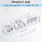 Tatuo 4 Pcs Cable Organizer with 40 Wire Ties, Plastic Cord Storage Charger Box Electronics Organizer with Adjustment Compartments Cable Storage for Drawer Home Office Desk Accessories (Clear)