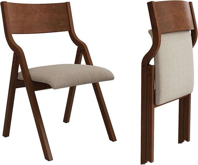 Ball & Cast Upholstered Folding Chairs Set of 2,with Padded Seat,Wooden Portable Dining Chairs W/Ergonomically Designed Back and Cushion,Easy Carry,No Need to Install,for Kitchen,Office,Walnut