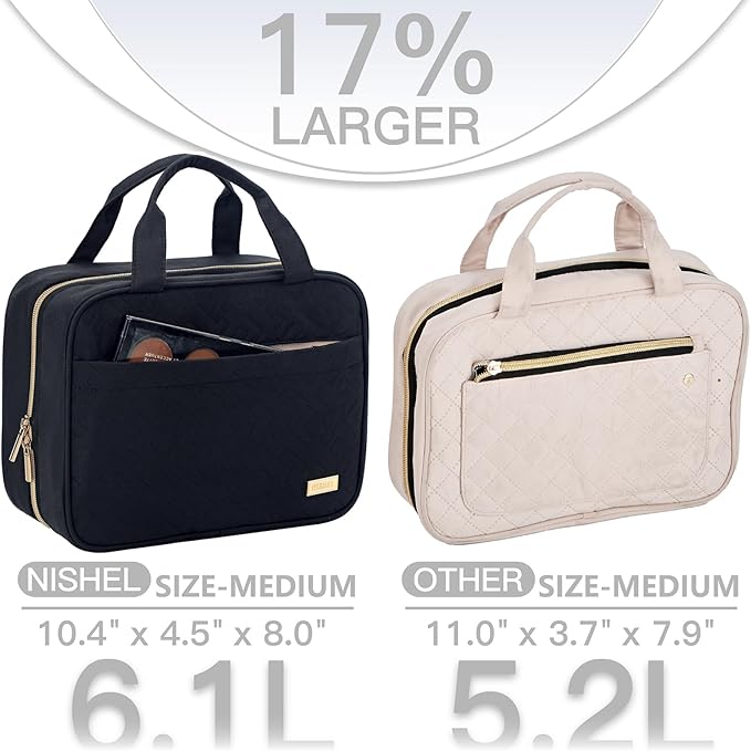 NISHEL Travel Toiletry Bag for women, Portable Hanging Organizer for Travel-Sized Shampoo, Conditioner, Brushes Set, makeup Accessories, Medium Size, Black