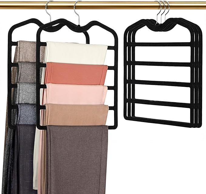 Pants Hangers Space Saving,5 Pack Velvet Short Neck Pants Hangers,5 Tier Space Saving Velvet Hanger,Closet Organizers and Storage Dorm Room Essentials for College Students Girls Guys Holds Pant,Jean