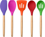 E-far Silicone Cooking Utensils Set, 5-Piece Kitchen Utensils Set with Wooden Handle for Cooking, Silicone Kitchen Nonstick Tools Spatula Turner Slotted Spoons, Nontoxic & Heat Resistant-Colorful