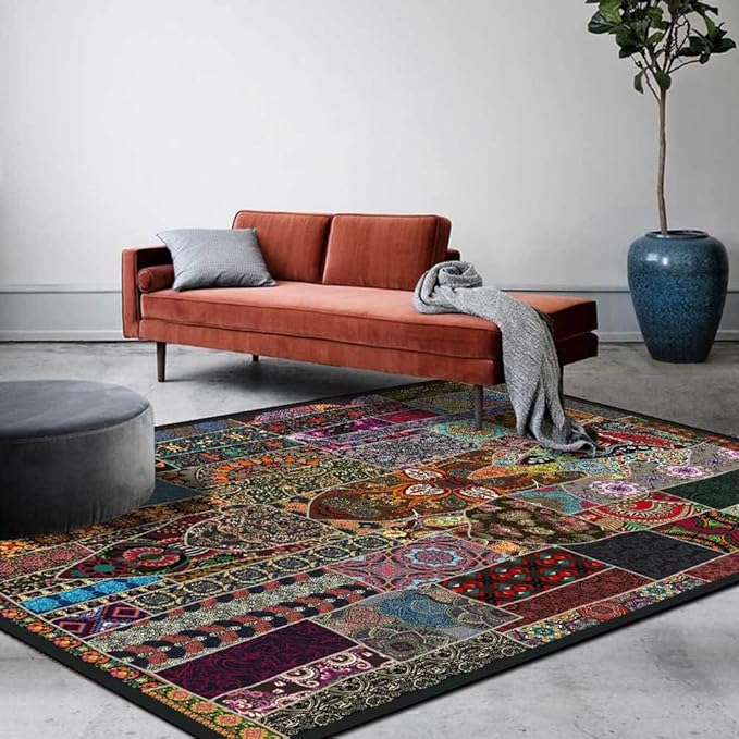 Vintage Boho Area Rugs Multicolor Ethnic Style Geometric Splicing Carpets Bedroom Living Room Kitchen Floor Mats Indoor Outdoor Non-Shedding Runner Rug Home Décor Carpet 3' X 3'