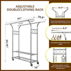 Simple Trending Heavy Duty Clothing Clothes Rack for Hanging, Rolling Double Rod Garment Rack Organizer with Wheels Load 620 LBS, Chrome