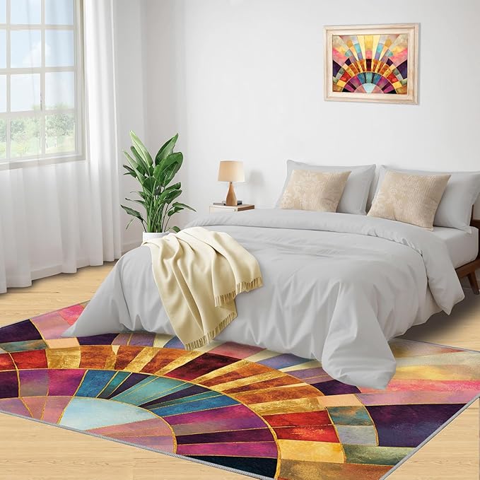 Chromatic Geometric Area Rugs 4x5ft, Abstraction Deco Kids Play Rug, Mosaic Sunburst Throw Rugs Bedroom Fluffie Soft for Coffee Shop Living Room Under Table Game Room