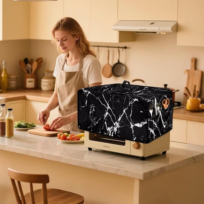 Air Fryer Toaster Oven Dust Cover Protective Microwave Oven Cover with Pockets, Dust-proof Countertop Appliance Protector, L, 18.5 x 22.5 x 13 Inches, Black Marble White Crack