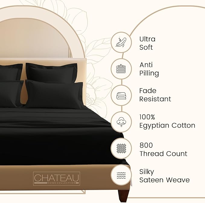 Egyptian Cotton Sheets Split King Size Sheet Set, 800 Thread Count Sateen Weave Hotel Collection Split King Sheet Deep Pockets, Cotton Bed Sheets Fits up to 17" – Black