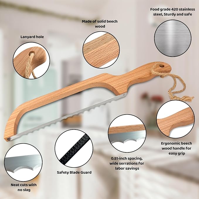 ROYOROYI Bread Slicer for Homemade Bread,16" Wooden Sourdough Bread knife with Bow Design,Premium Stainless Steel Serrated Saw Bread cutter for Bagels, Baguettes and More
