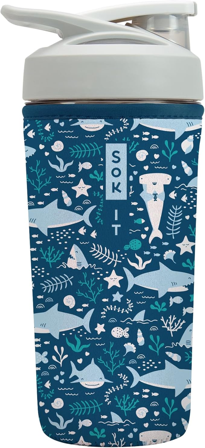 Sok It BotlSok Protein Blender Shaker Bottle Sleeve Insulated Neoprene Cover (Happy Sharks, Fits 28oz Blender)