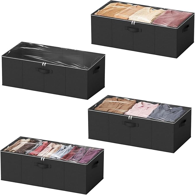 SpaceAid 4 Pack 10" High Under Bed Storage Containers, Large Underbed Storage Organizer Bins with Lids for Bedroom, Dorm, Clothes, Closet Organization, Bed Sheets and Blankets (Black)
