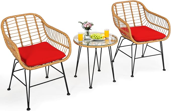 Tangkula 3 Pieces Patio Bistro Set, Rattan Conversation Set