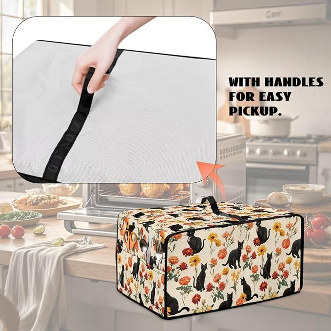 Black Cat Rose Daisy Floral Print Microwave Oven Cover with Storage Pockets Toaster Oven Dust Cover Universal Dustproof Kitchen Appliance Protector Suitable for Most Microwave Ovens, L