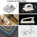 White Cable Management Organizer Kit 4 Cable Sleeve Split,47Cable Clips 12Cord Clips Holder,22 Cable Ties, 20 Adhesive Wall Cable Tie, 200Fasten Cable Ties for TV Electronics