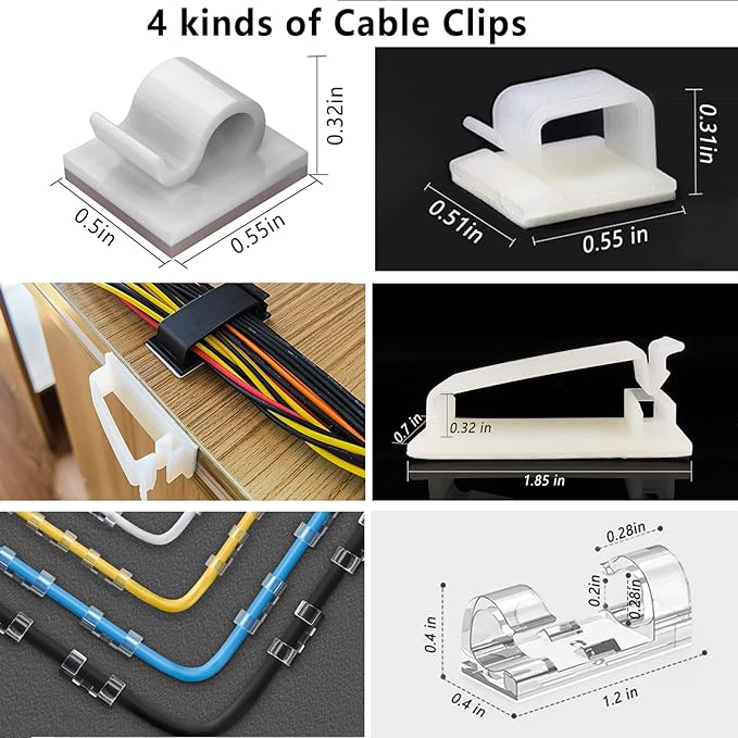 White Cable Management Organizer Kit 4 Cable Sleeve Split,47Cable Clips 12Cord Clips Holder,22 Cable Ties, 20 Adhesive Wall Cable Tie, 200Fasten Cable Ties for TV Electronics