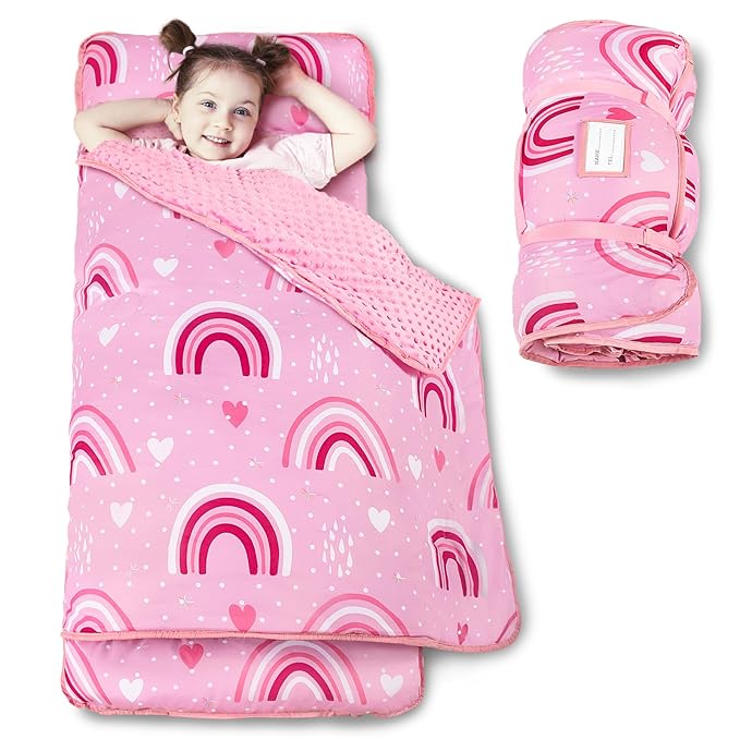 Toddler Nap Mat with Pillow and Minky Blanket, Large 55"x35" Sleeping Bag, Washable, Lightweight, Easy to Roll, Perfect for Preschool, Daycare, Kindergarten, Travel, Boys and Girls(Rainbow)