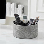Remote Control Holder, 360°Spinning PU Leather Desk TV Remote Caddy,Desk Storage Box Room Accessories for Controller, Media,Mail,Calculator, Mobile Phone,Pencil(1-Carved Grey)