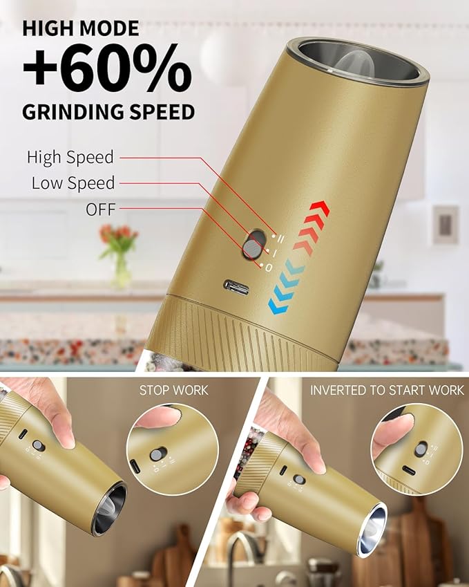 CIRCLE JOY 2-Speed Gravity Electric Pepper Grinder, Rechargeable Salt Grinder Pepper Mills, Adjustable Coarseness, White LED Light, 135ML Large Capacity, Gold