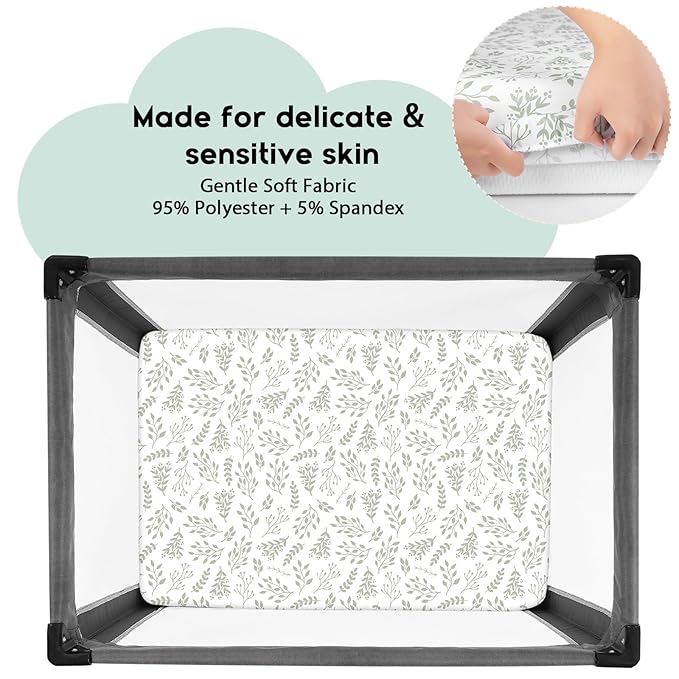 Yoofoss Pack and Play Sheets Fitted, Mini Crib Sheets 2-Pack for Pack N Play Mattress, Stretchy Playard Sheet, Soft and Breathable Green + Leaf