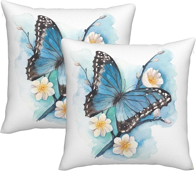 bassyil Butterfly Throw Pillow Covers Decorative Linen Pillow Cases Set of 2 Square Cushion Cover for Couch Sofa Bedroom Patio 18x18 Inch