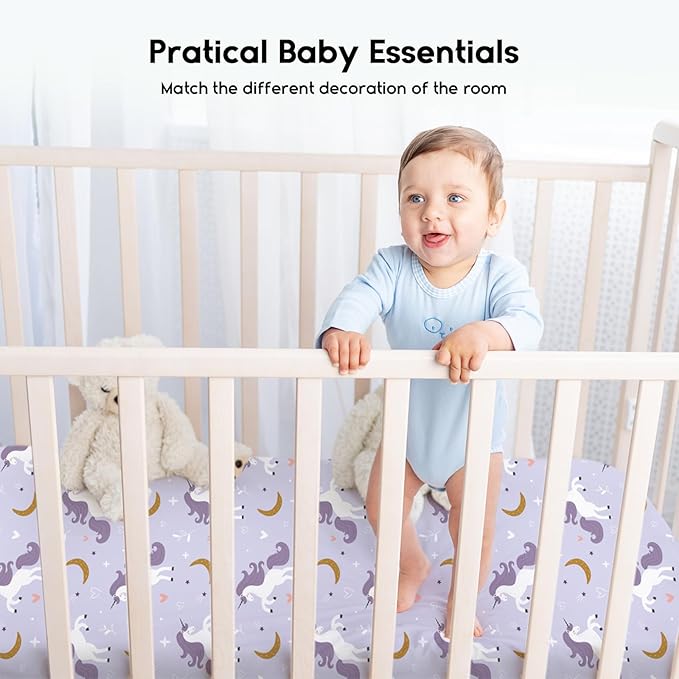 Yoofoss Baby Crib Sheets for Boys Girls, Fitted Crib Sheet 2 Pack for Standard Crib and Toddler Mattress, Super Soft Microfiber Baby Sheet 28x52x8in(Purple+Unicorn)