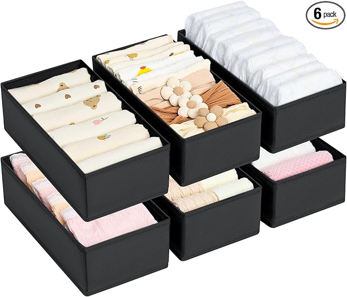DIMJ Drawer Organizer Clothes - Underwear Organizer Small Closet and Storage Box Dresser Organizer,Drawer Dividers for Baby Clothes,Bra,Socks, Belt, Tie, Set of 6,Black