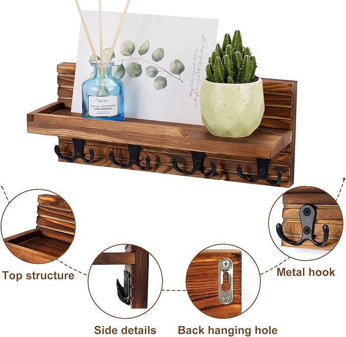 Decorative Key Hanging Rack with 4 Double Hooks – Easy Install Natural Wooden Key and Mail Holder for Wall Mount – Entryway Decor Rack with Shelf (Brown)