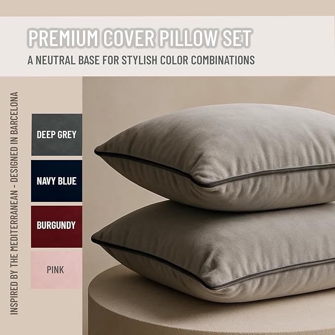 2 Pack Velvet Decorative Throw Pillow Covers, 12"x20", Dove Grey, Solid, Modern, Contrast Piping, Indoor Use, Bedroom & Living Room