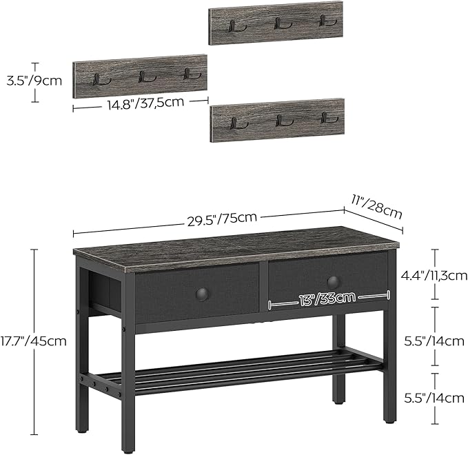 YATINEY Hall Tree with Bench and Shoe Storage, Entryway Bench with Coat Rack, 4-in-1 Coat Rack Shoe Bench, Multifunctional, for Front Door, Hallway, Foyer, Charcoal Grey and Black MT05BC