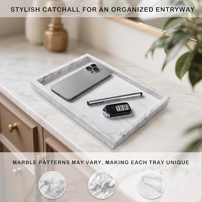 Marble Bathroom Tray for Countertop & Home Decor, Natural Decorative Marble Tray for Jewelry & Perfume Organizer, Luxury Stone Vanity Trays for Dresser, Kitchen Counter, 12" x 8", White