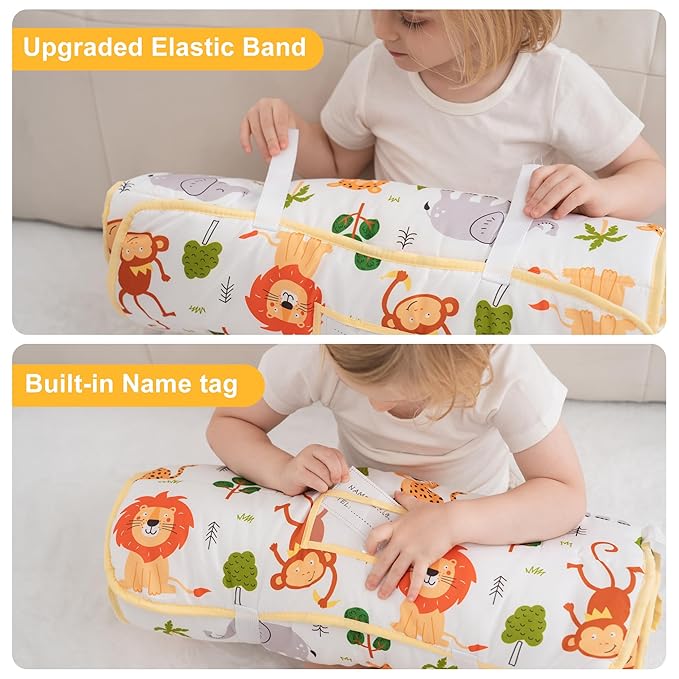 Viviland Toddler Nap Mat with Pillow and Minky Dot Blanket, Rolled Sleeping Mat/Slumber Bag for Girls Boys, Kids Nap Mat for Preschool, Daycare, Kindergarten, Travel Camping - Zoo Animal