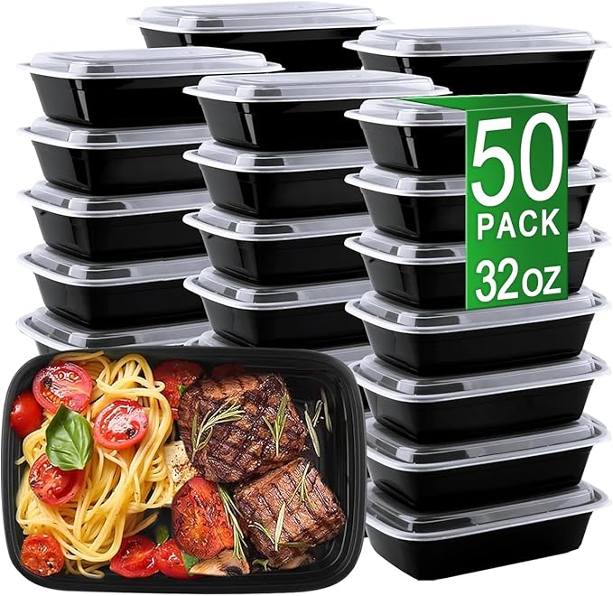 Meal Prep Containers, 50 Pack 32oz (100-Piece) Disposable Take Out Food Storage Containers with Leakproof Lids, Reusable Plastic To Go Lunch Boxes, BPA Free, Microwave/Dishwasher/Freezer Safe