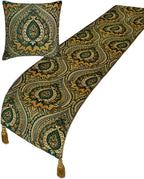 The HomeCentric King/Queen/Twin Green Designer Full 68"x18" Bed Runner with One Pillow Cover, Damask, Tassels & Tapestry Bed Scarf on Jacquard Fabric - Damask Tapestry