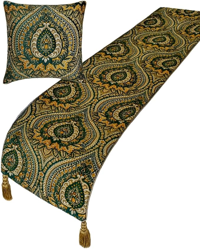 The HomeCentric King/Queen/Twin Green Designer Full 68"x18" Bed Runner with One Pillow Cover, Damask, Tassels & Tapestry Bed Scarf on Jacquard Fabric - Damask Tapestry