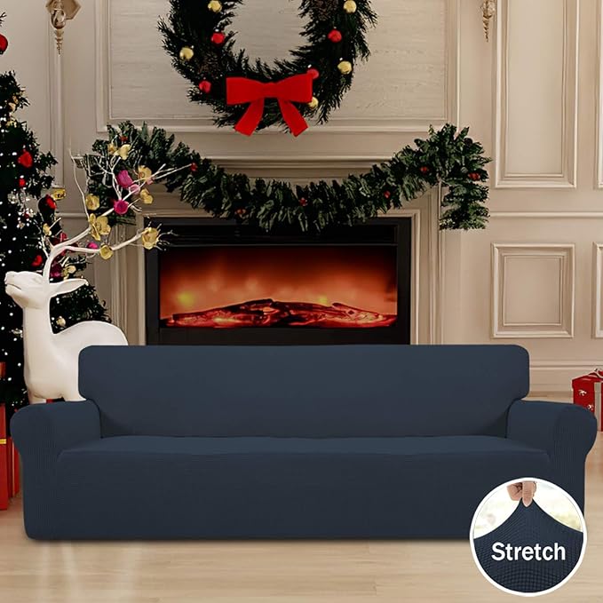 Easy-Going Stretch 4 Seater Sofa Slipcover 1-Piece Sofa Cover Furniture Protector Couch Soft with Elastic Bottom for Kids, Polyester Spandex Jacquard Fabric Small Checks Dark Blue