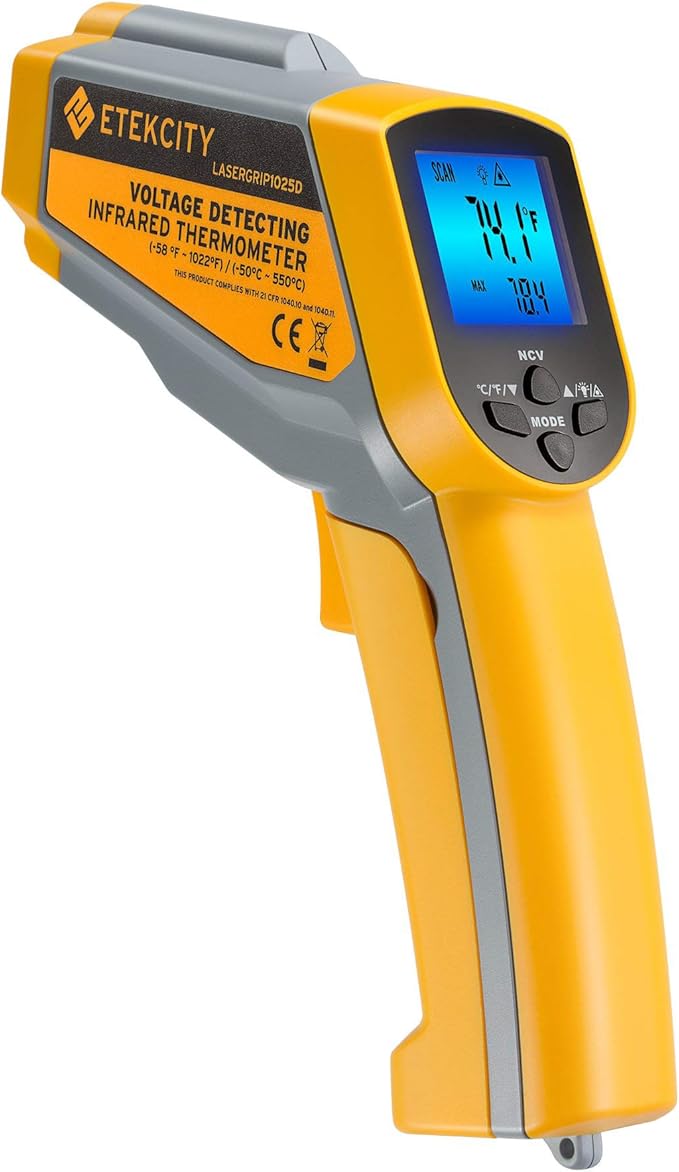Etekcity Infrared Thermometer 1025D (Not for Human) Dual Laser Temperature Gun-58℉~1022℉ (-50℃~550℃) with Adjustable Emissivity, Non-Contact Voltage Tester (NCV), Standard Size, Yellow & Gray