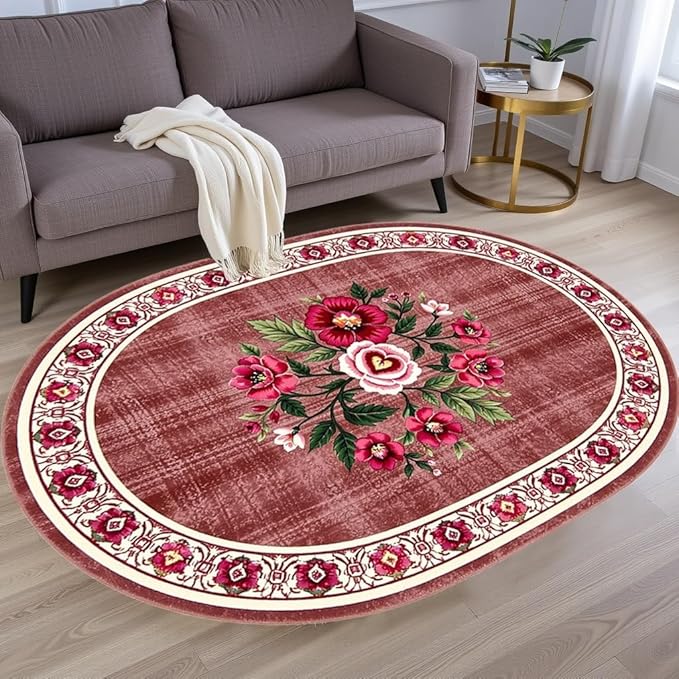 Retro Country Distressed Burgundy Green Florals Texture Bordered Rugs 6x9 for Living Room Bedroom Dining Room Soft Washable Non Skid Area Rug Guestroom Kitchen Doormats Rustic Indoor Oval Carpet