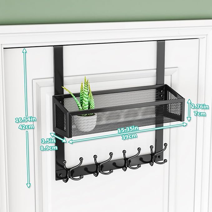 HapiRm Over The Door Hooks - Easy Installation Door Hanger with Basket and 16 Hooks, 304 Stainless Steel Storage Organizer for Towels, Coats, Bathroom, Kitchen, Dorm - Black
