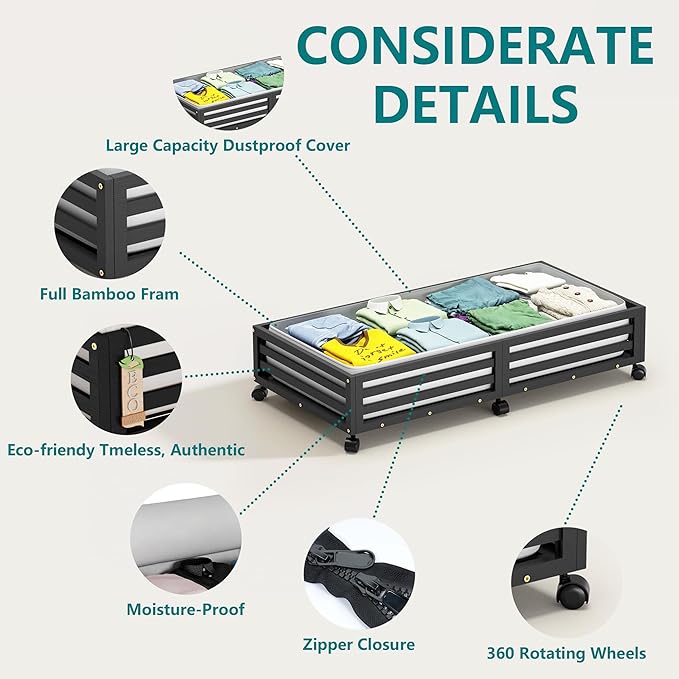 Bamboo Under Bed Storage Containers- Underbed Organizer with Wheels with Large Capacity Dust Bag,Sturdy Wood Rolling Under Bed Shoe Storage Organizer 2 Packs (Black, 2 Packs (33.07"×16.54"))