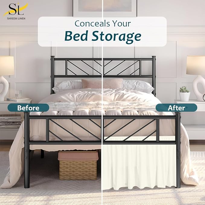 Shreem Linen Ruffled Bed Skirt with Split Corners, Gathered Style, 100% Microfiber, 30-Inch Drop, Dust Ruffle Bedskirt with Platform, Full-XL, Ivory